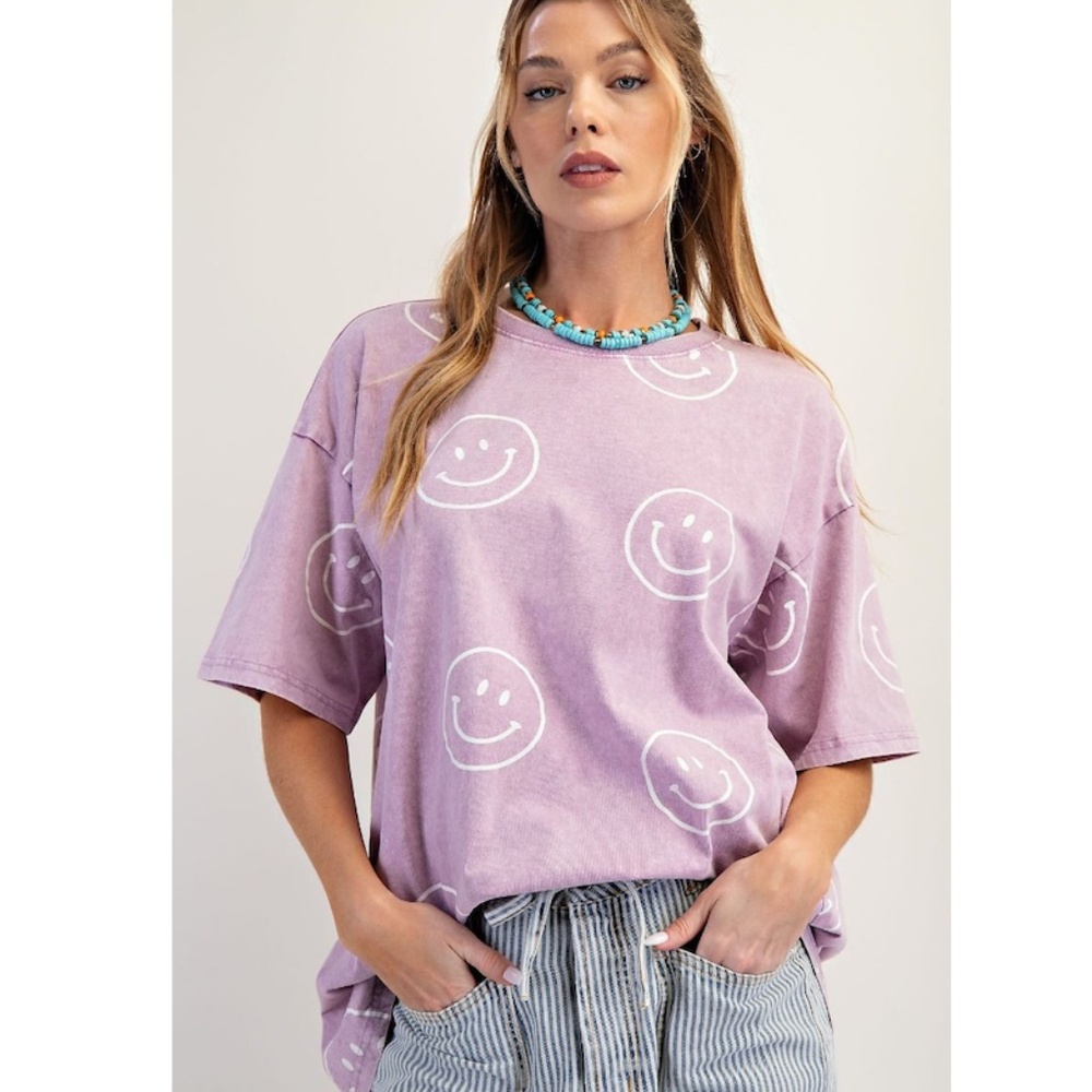 🌟 “The Candy" Lilac Rose Smiley Face Washed Tee